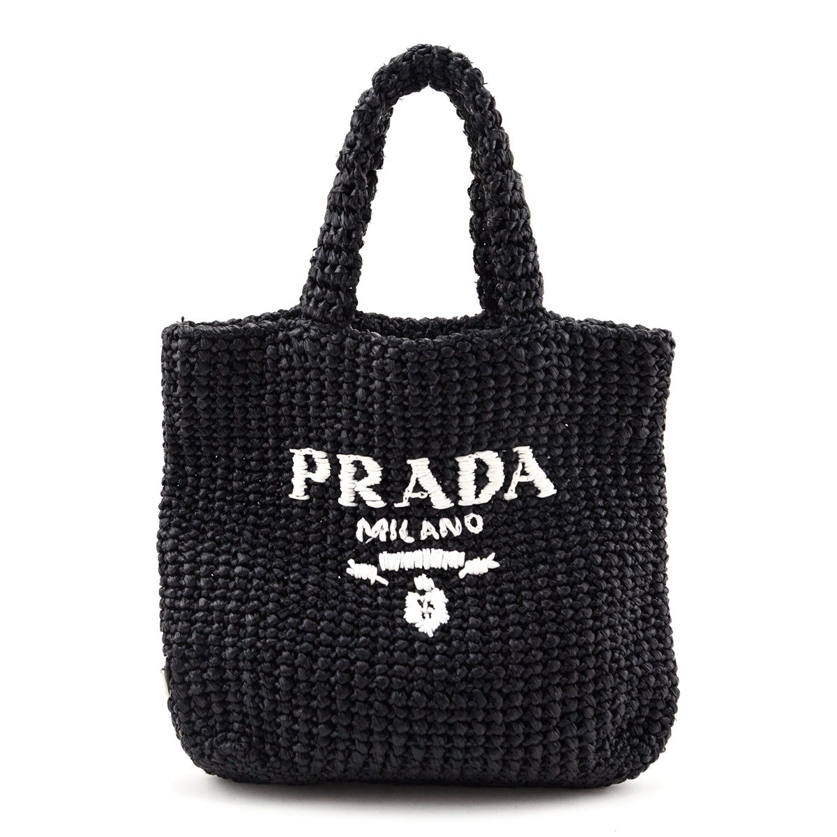 Prada Black Yarn Raffia Effect Crochet Small Logo Tote - Love that Bag etc - Preowned Authentic Designer Handbags Preloved Fashions
