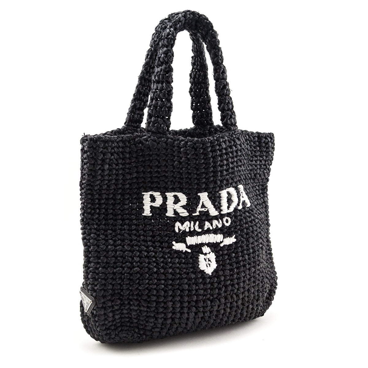 Prada Black Yarn Raffia Effect Crochet Small Logo Tote - Love that Bag etc - Preowned Authentic Designer Handbags Preloved Fashions