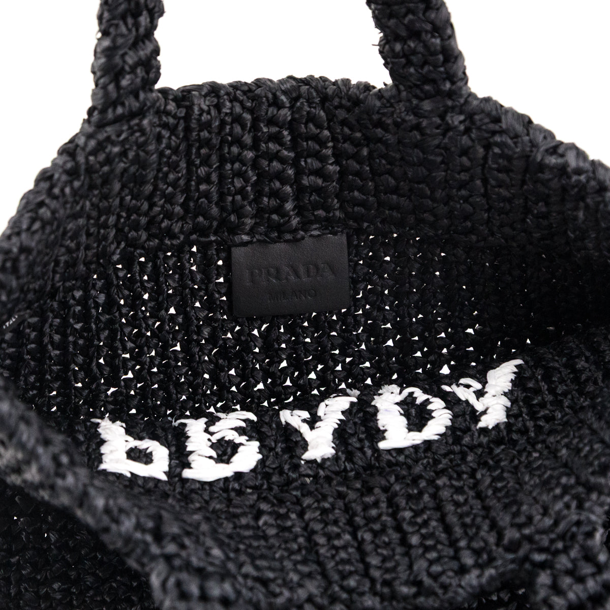 Prada Black Yarn Raffia Effect Crochet Small Logo Tote - Love that Bag etc - Preowned Authentic Designer Handbags Preloved Fashions