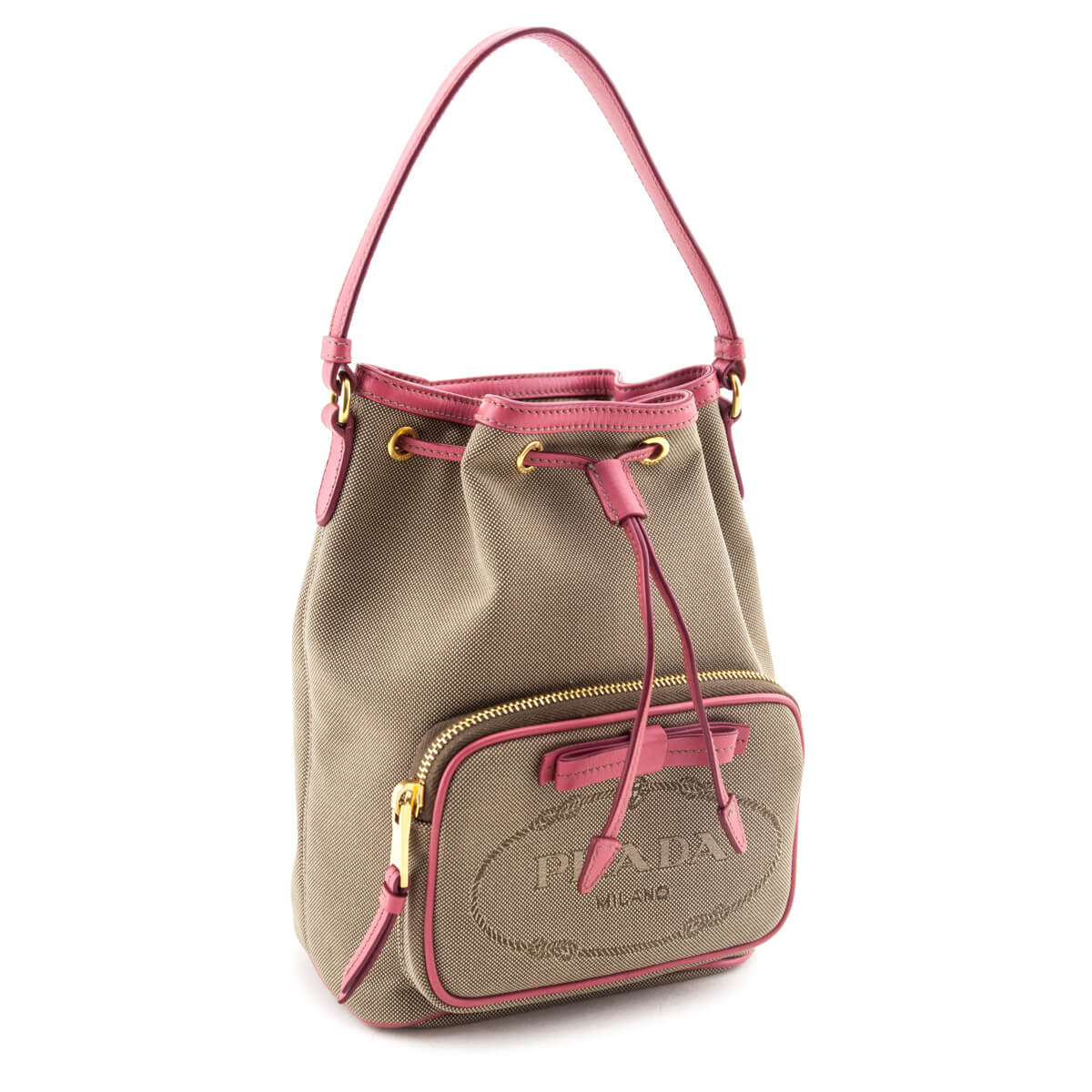 Prada Brown Jacquard Logo Mini Bucket Crossbody Bag - Love that Bag etc - Preowned Authentic Designer Handbags Preloved Fashions