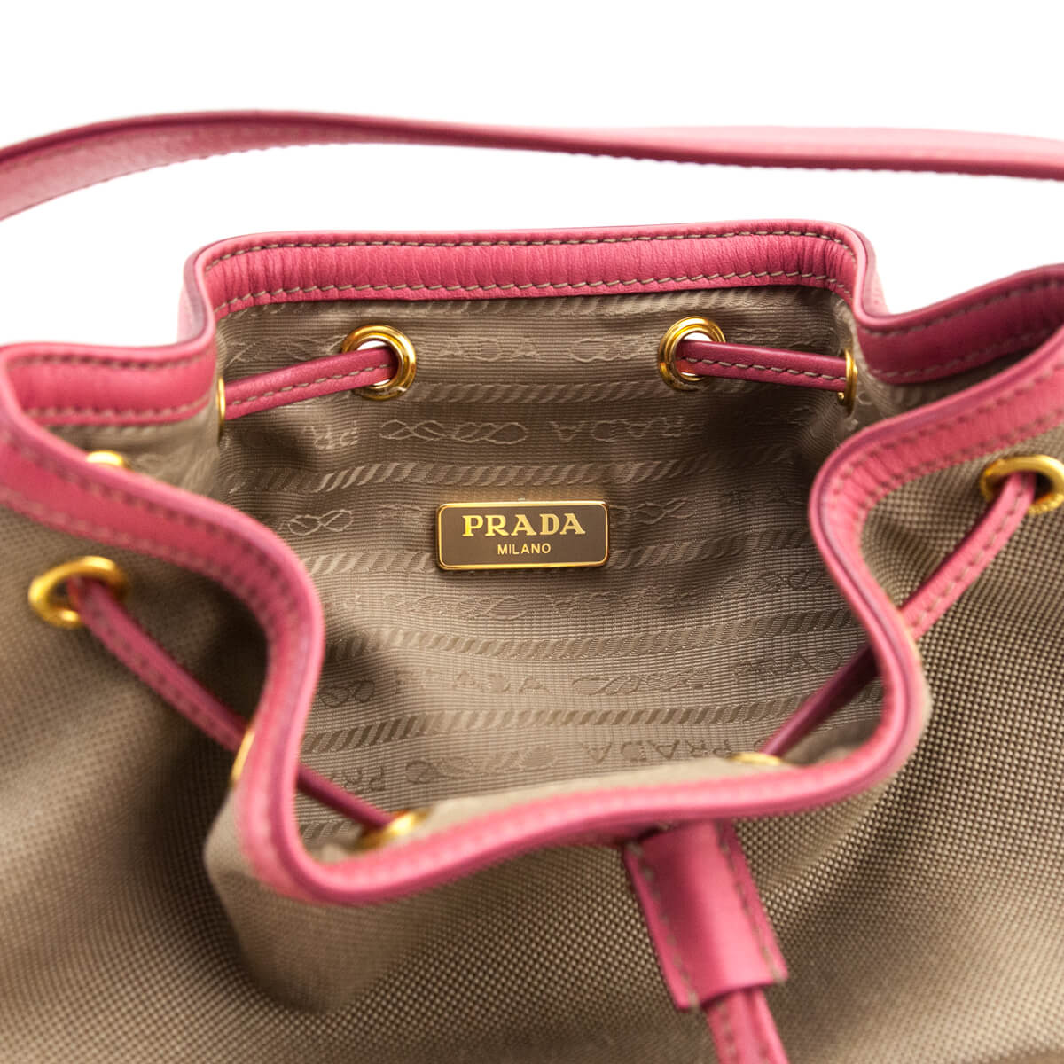 Prada Brown Jacquard Logo Mini Bucket Crossbody Bag - Love that Bag etc - Preowned Authentic Designer Handbags Preloved Fashions