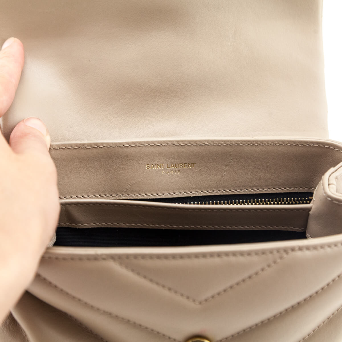 Saint Laurent Dark Beige Calfskin Y Quilted Monogram Toy Loulou Crossbody Bag - Love that Bag etc - Preowned Authentic Designer Handbags Preloved Fashions
