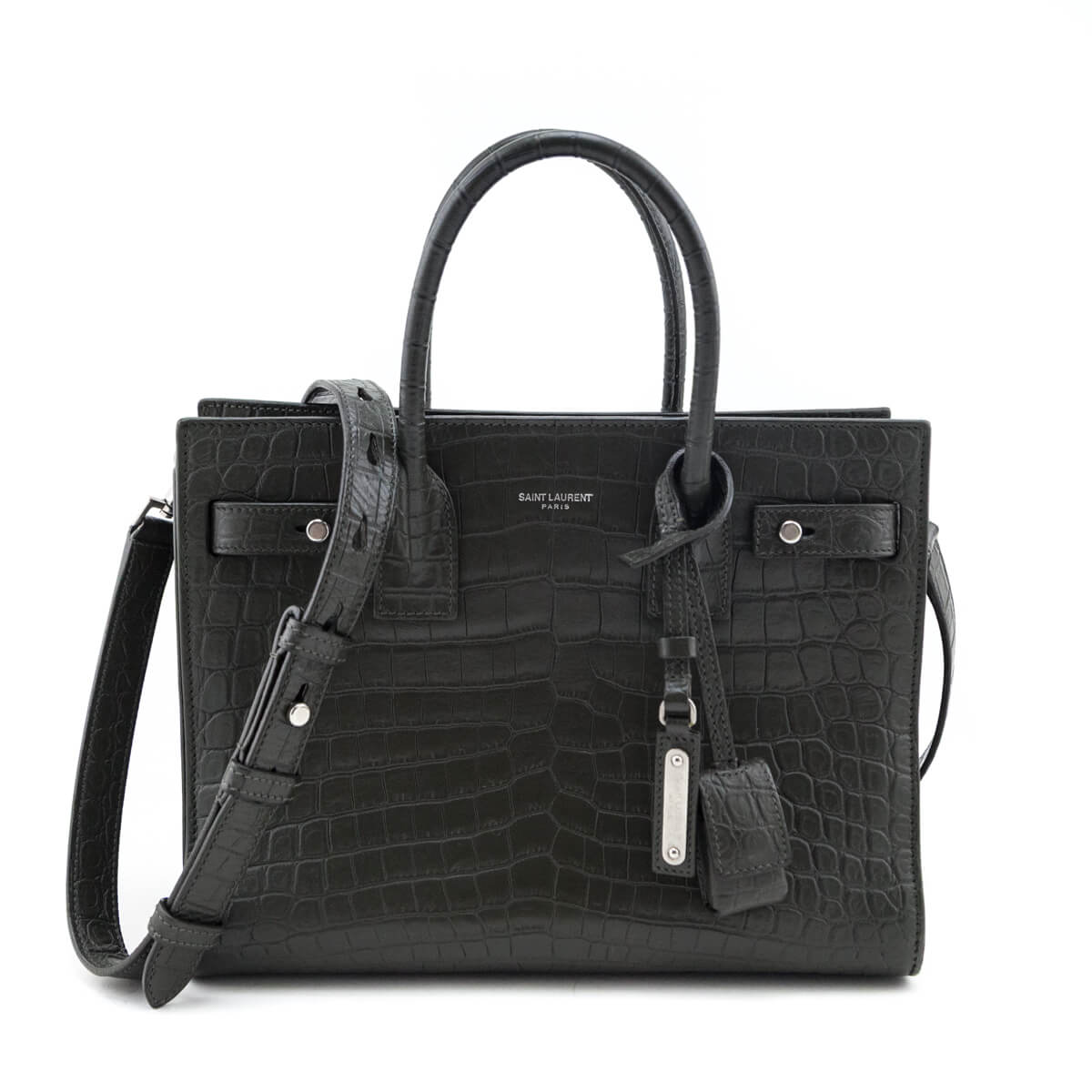 Saint Laurent Dark Green Calfskin Crocodile Embossed Small Sac de Jour - Love that Bag etc - Preowned Authentic Designer Handbags Preloved Fashions