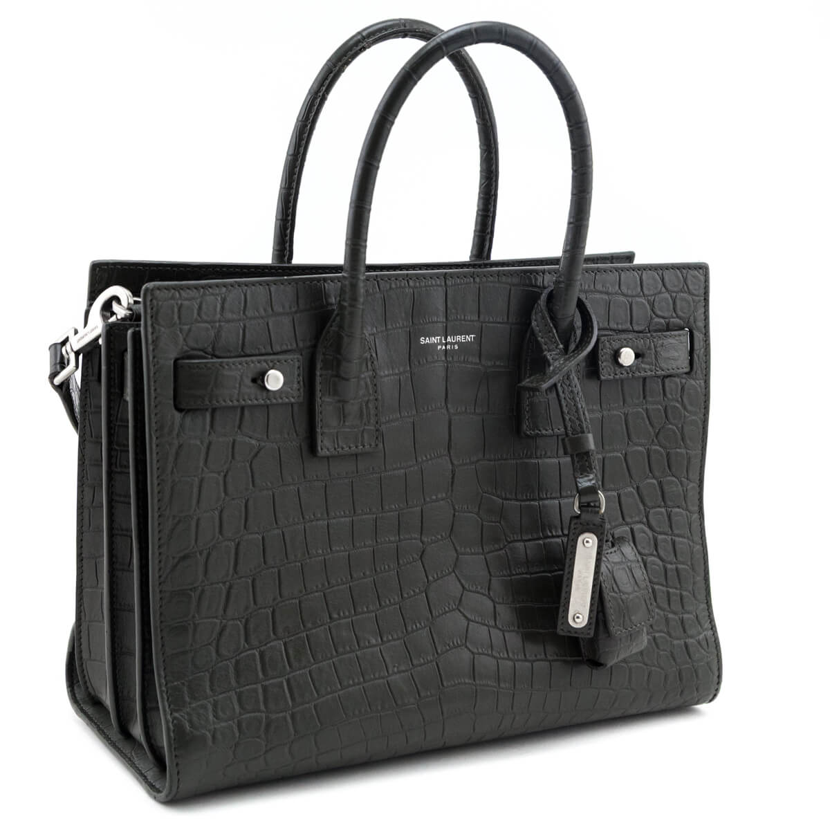 Saint Laurent Dark Green Calfskin Crocodile Embossed Small Sac de Jour - Love that Bag etc - Preowned Authentic Designer Handbags Preloved Fashions