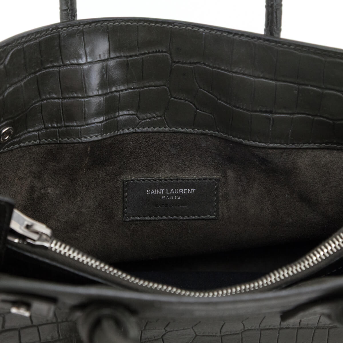 Saint Laurent Dark Green Calfskin Crocodile Embossed Small Sac de Jour - Love that Bag etc - Preowned Authentic Designer Handbags Preloved Fashions