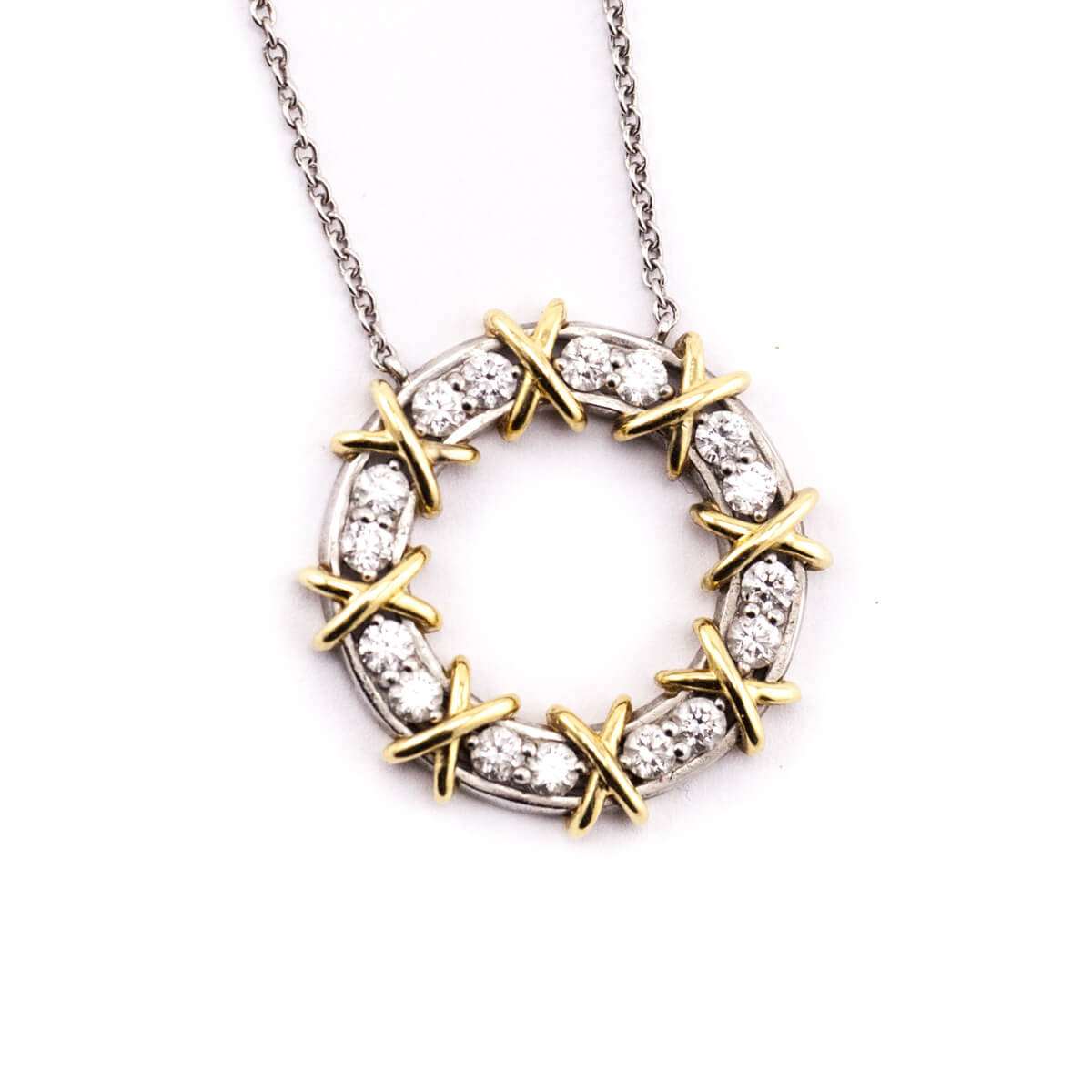 Tiffany Co. Platinum 18K Gold Diamond Schlumberger Sixteen Stone Circle Pendant Necklace - Love that Bag etc - Preowned Authentic Designer Handbags Preloved Fashions