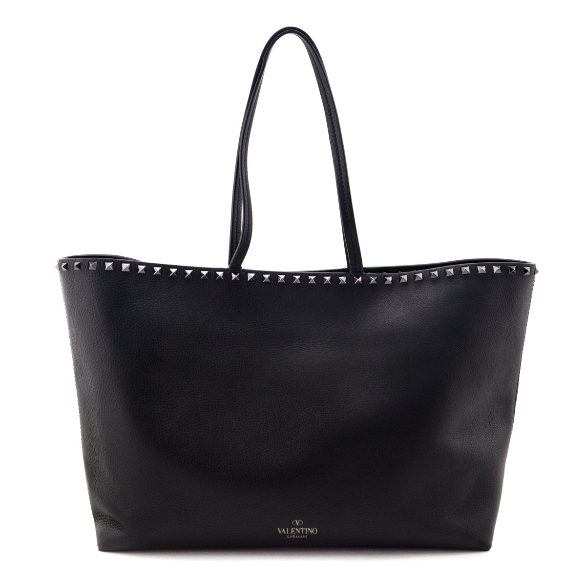 Valentino Black Grained Calfskin Rockstud Shoulder Tote - Love that Bag etc - Preowned Authentic Designer Handbags Preloved Fashions