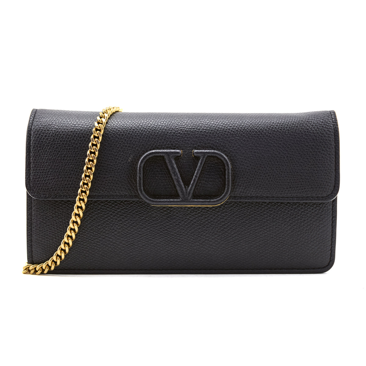 Valentino Black Grainy Calfskin Wallet With Chain - Love that Bag etc - Preowned Authentic Designer Handbags Preloved Fashions