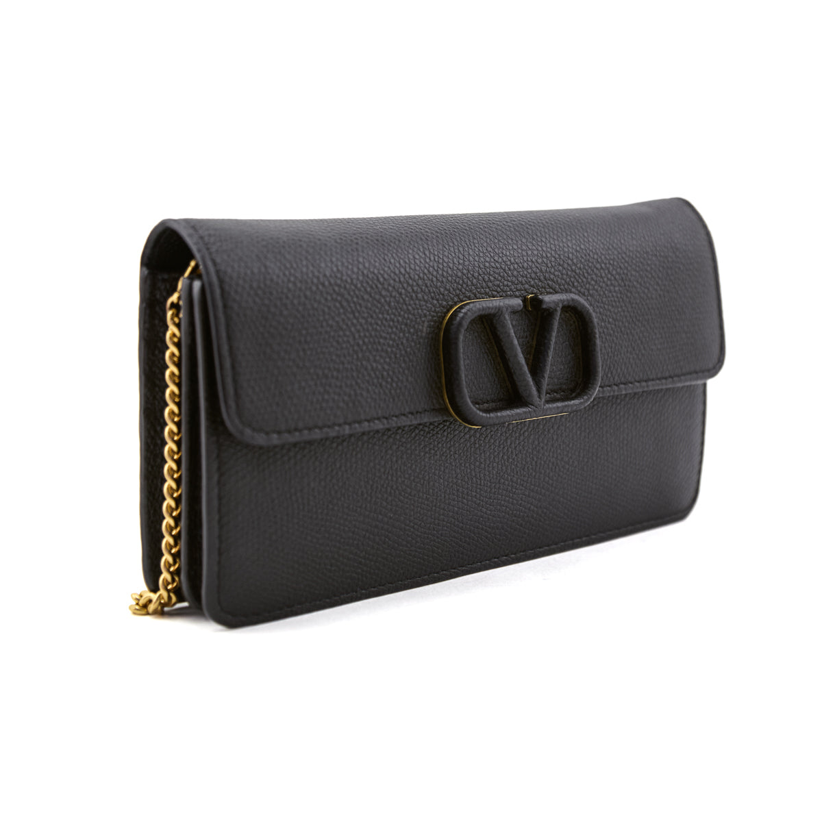 Valentino Black Grainy Calfskin Wallet With Chain - Love that Bag etc - Preowned Authentic Designer Handbags Preloved Fashions