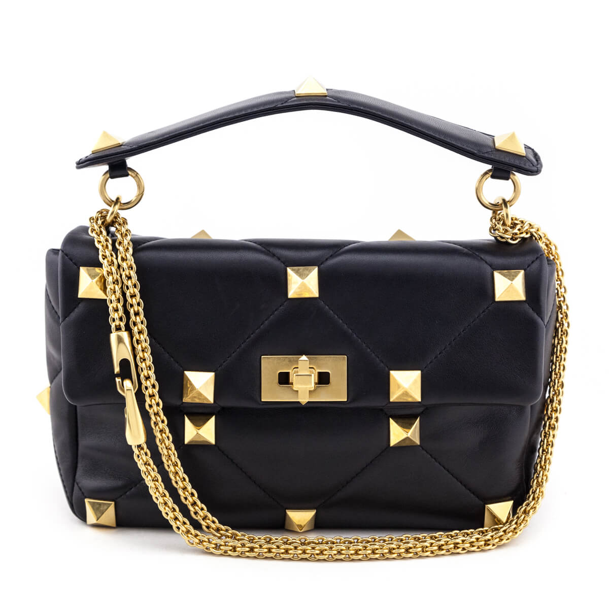 Valentino Black Nappa Large Roman Stud Shoulder Bag - Love that Bag etc - Preowned Authentic Designer Handbags Preloved Fashions