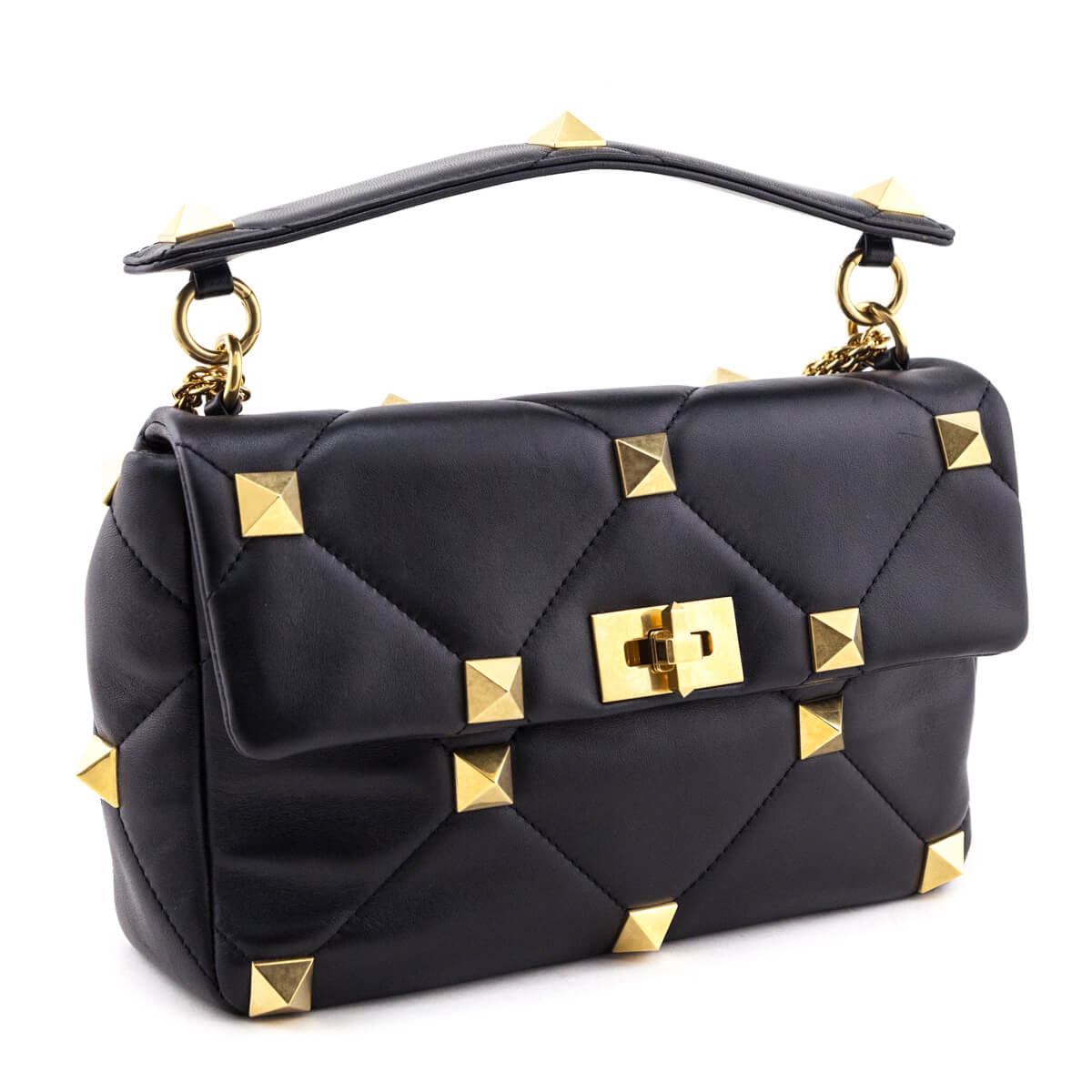 Valentino Black Nappa Large Roman Stud Shoulder Bag - Love that Bag etc - Preowned Authentic Designer Handbags Preloved Fashions