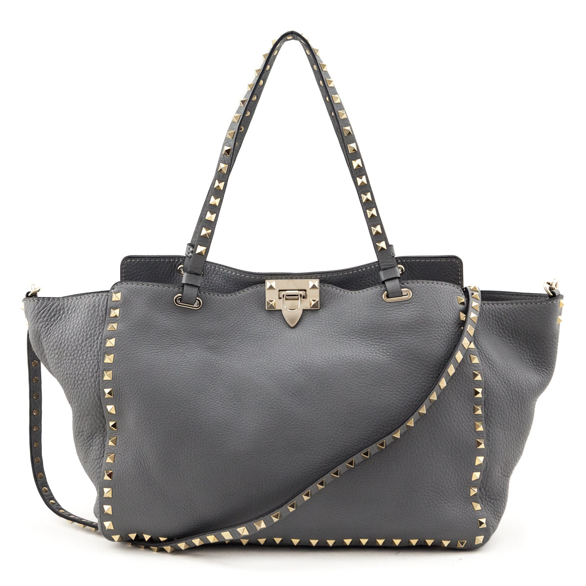 Valentino Gray Pebbled Calfskin Medium Rockstud Tote - Love that Bag etc - Preowned Authentic Designer Handbags Preloved Fashions