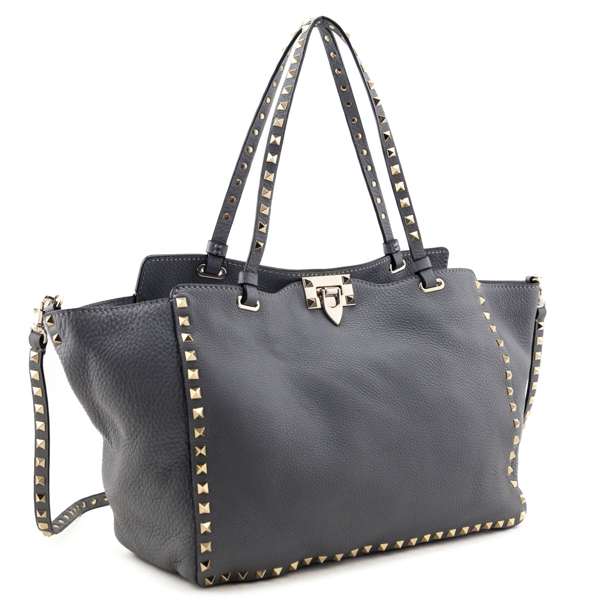 Valentino Gray Pebbled Calfskin Medium Rockstud Tote - Love that Bag etc - Preowned Authentic Designer Handbags Preloved Fashions
