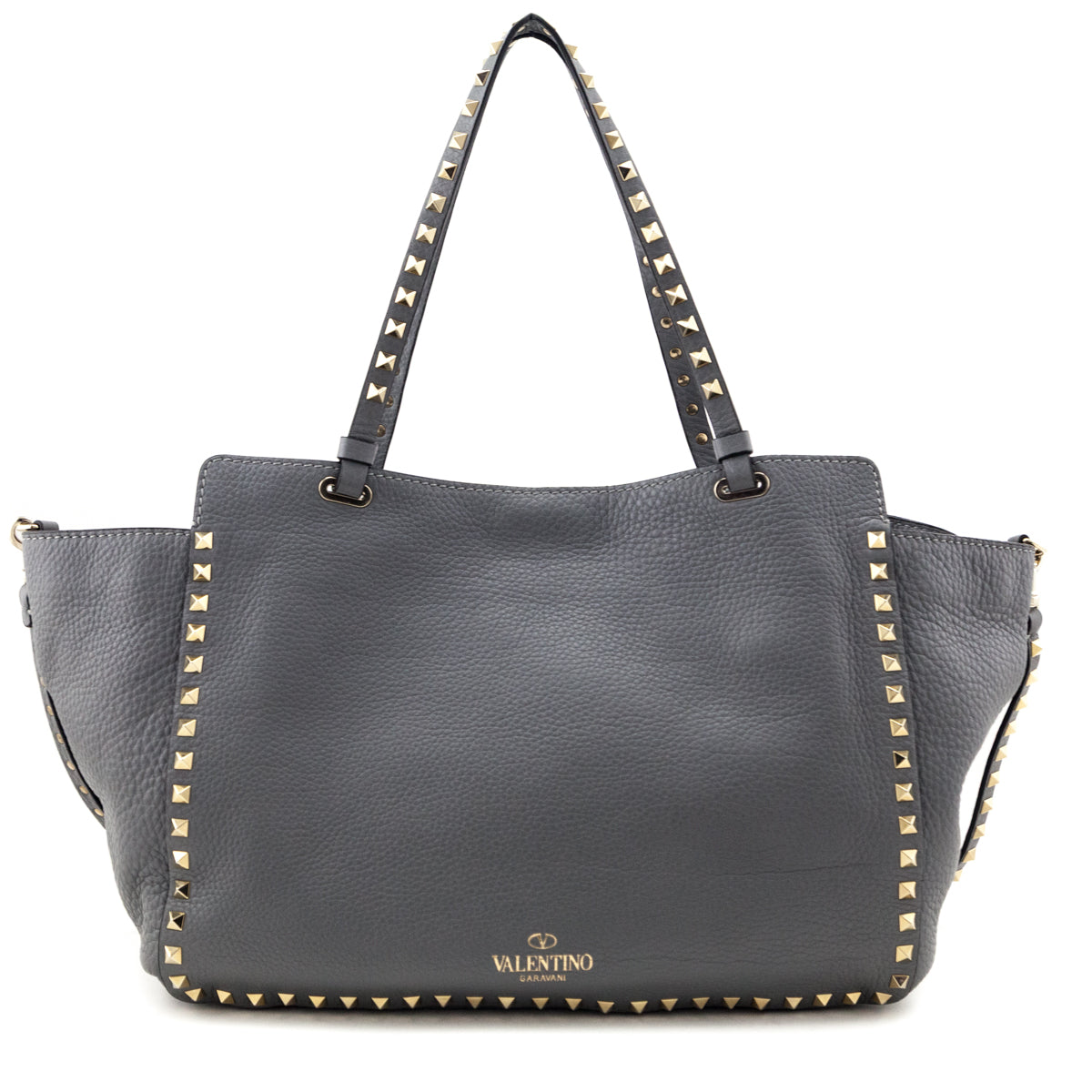 Valentino Gray Pebbled Calfskin Medium Rockstud Tote - Love that Bag etc - Preowned Authentic Designer Handbags Preloved Fashions