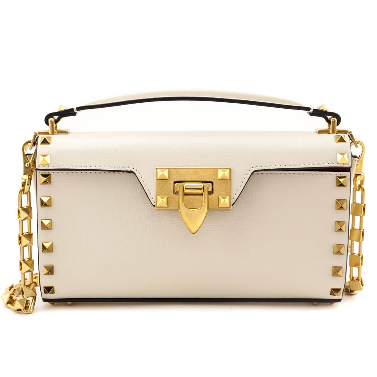 Valentino Ivory Grainy Calfskin Rockstud Alcove Clutch With Chain - Love that Bag etc - Preowned Authentic Designer Handbags Preloved Fashions