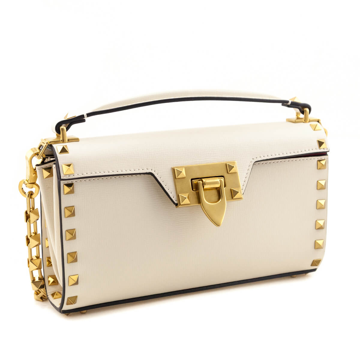 Valentino Ivory Grainy Calfskin Rockstud Alcove Clutch With Chain - Love that Bag etc - Preowned Authentic Designer Handbags Preloved Fashions