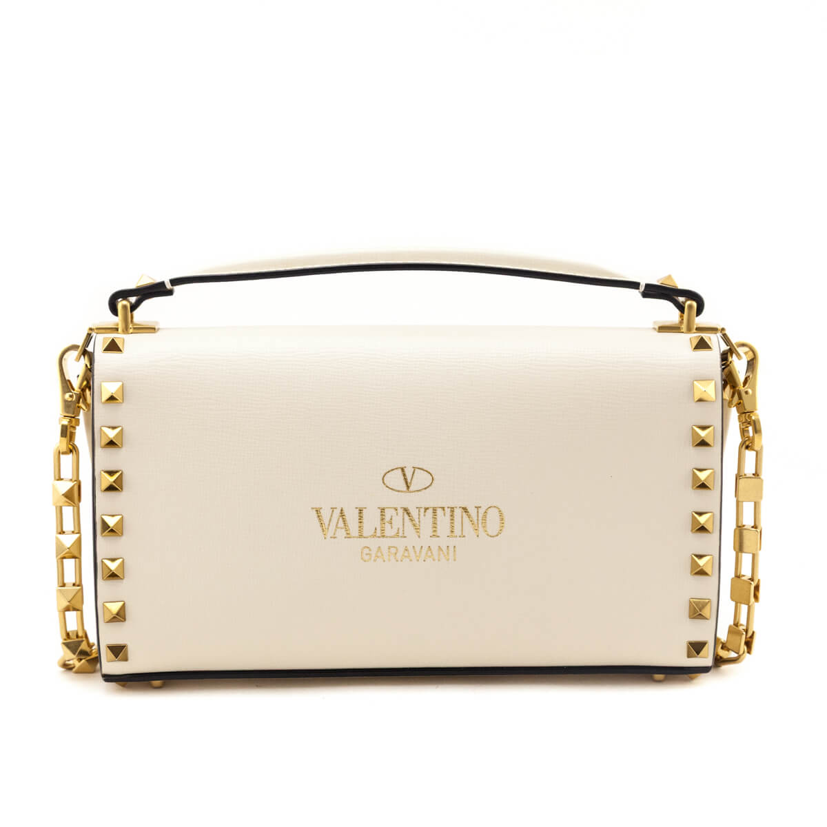 Valentino Ivory Grainy Calfskin Rockstud Alcove Clutch With Chain - Love that Bag etc - Preowned Authentic Designer Handbags Preloved Fashions