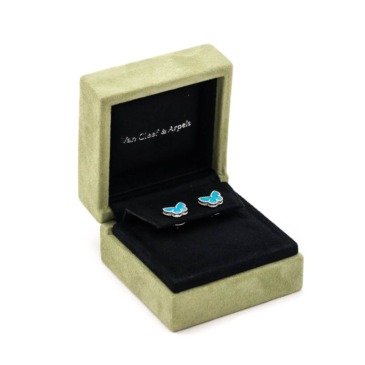 Van Cleef Arpels 18K White Gold Turquoise Sweet Alhambra Butterfly Stud Earrings - Love that Bag etc - Preowned Authentic Designer Handbags Preloved Fashions