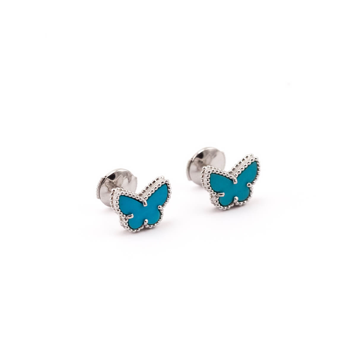 Van Cleef Arpels 18K White Gold Turquoise Sweet Alhambra Butterfly Stud Earrings - Love that Bag etc - Preowned Authentic Designer Handbags Preloved Fashions