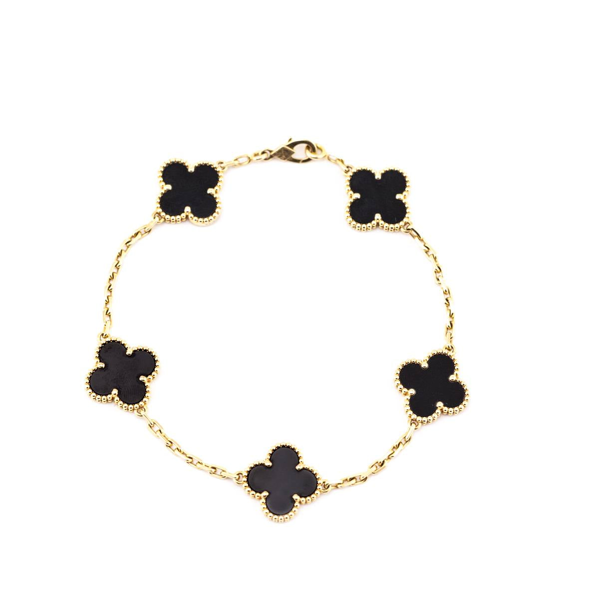 Van Cleef Arpels 18K Gold Onyx Vintage Alhambra 5 Motifs Bracelet - Love that Bag etc - Preowned Authentic Designer Handbags Preloved Fashions