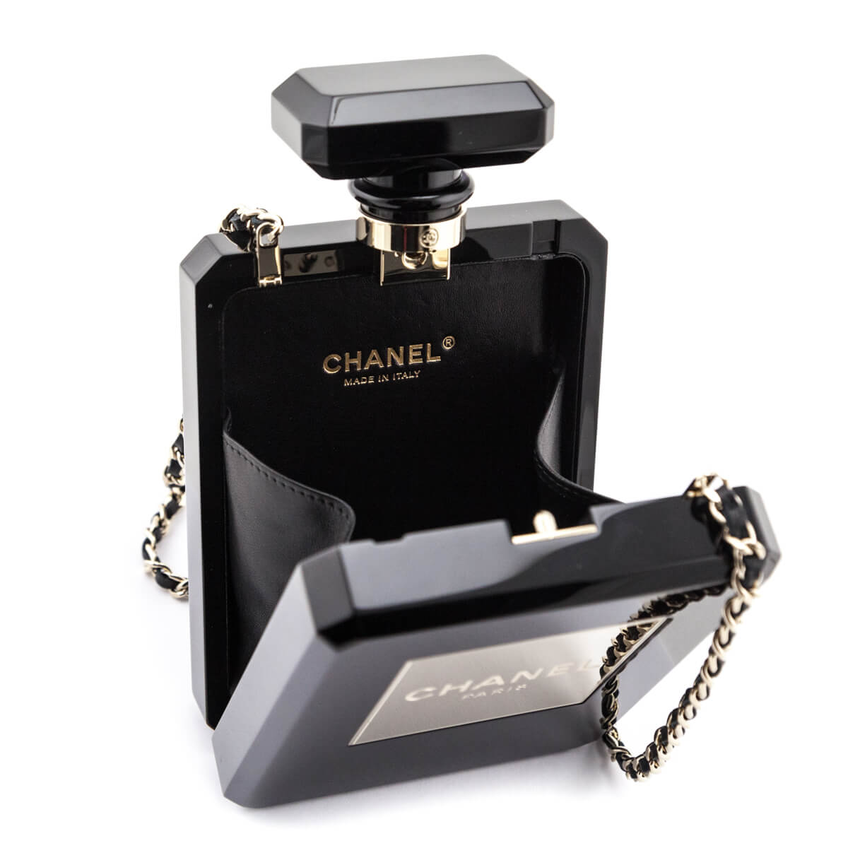 Chanel Black Plexiglass Perfume Bottle Minaudiere - Love that Bag etc - Preowned Authentic Designer Handbags Preloved Fashions