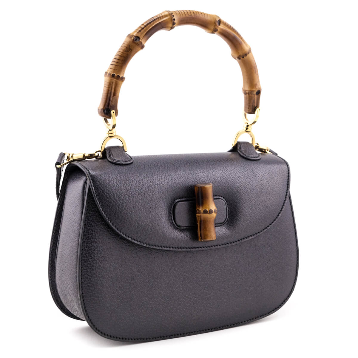 Gucci Gray Grained Calfskin Bamboo Top Handle Bag - Love that Bag etc - Preowned Authentic Designer Handbags Preloved Fashions