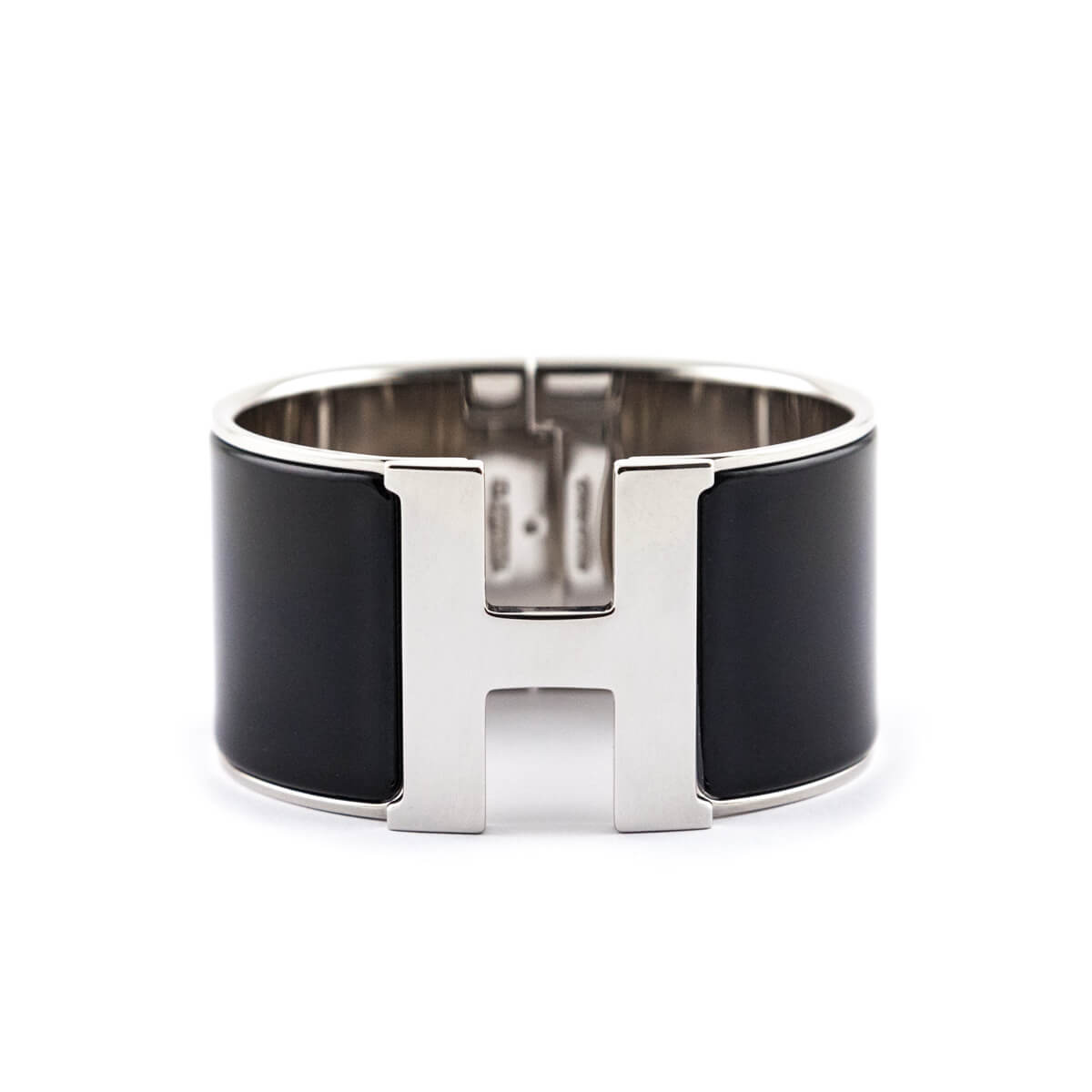 Hermes Black Enamel Palladium Extra Wide Clic Clac H Bracelet PM - Love that Bag etc - Preowned Authentic Designer Handbags Preloved Fashions