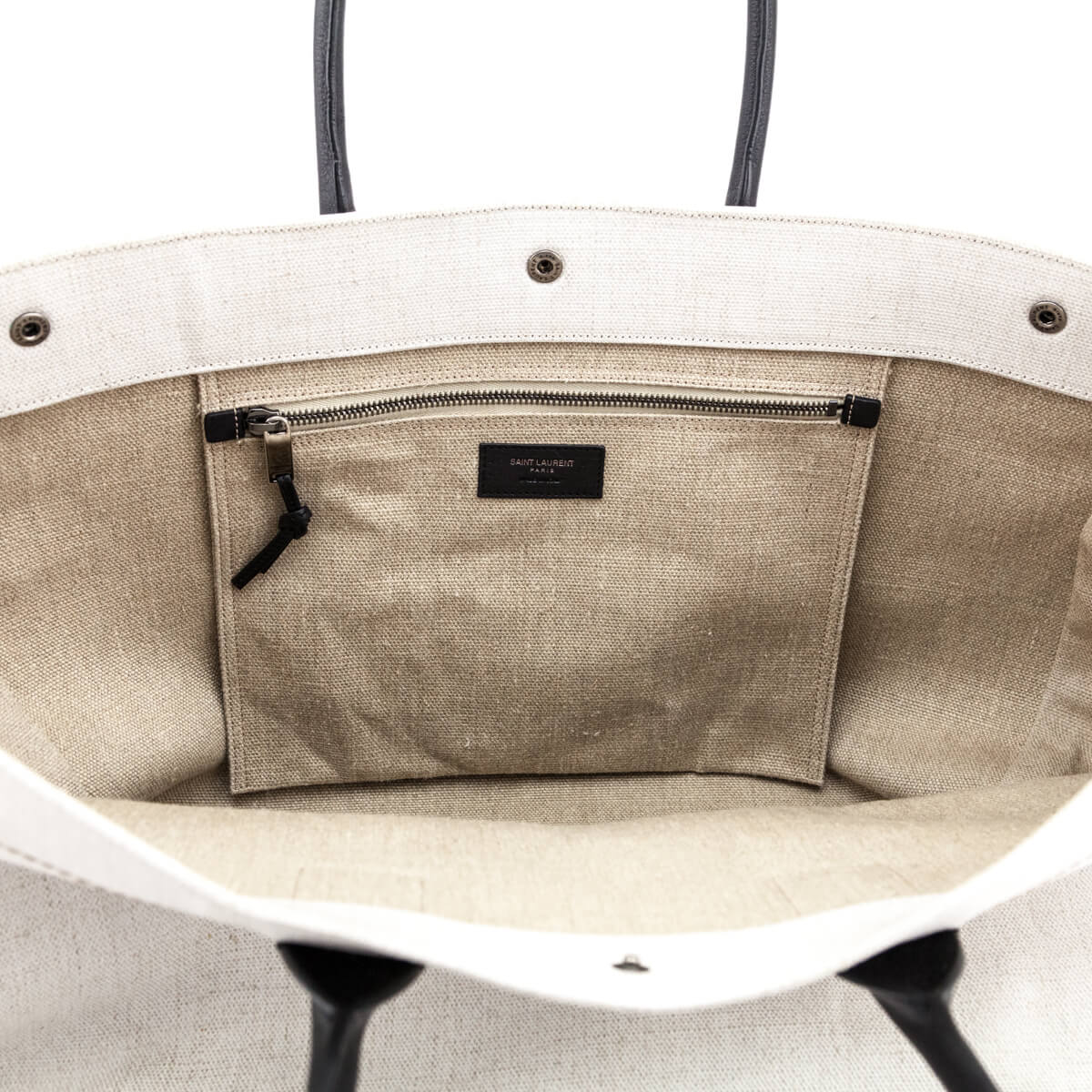 Saint Laurent White Linen and Leather Rive Gauche Noe Tote - Love that Bag etc - Preowned Authentic Designer Handbags Preloved Fashions