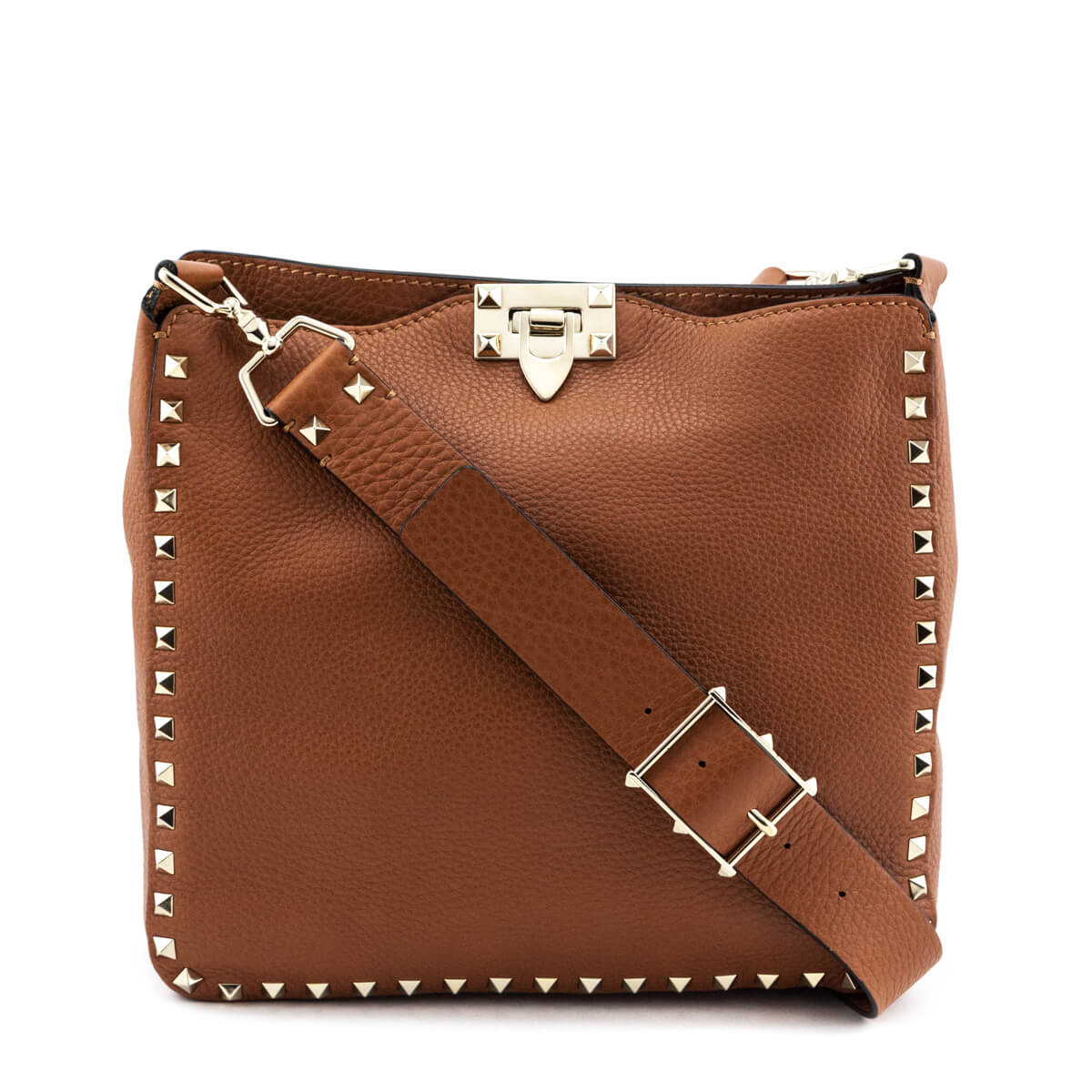 Valentino Tan Pebbled Calfskin Small Rockstud Flip-Lock Messenger Bag - Love that Bag etc - Preowned Authentic Designer Handbags Preloved Fashions