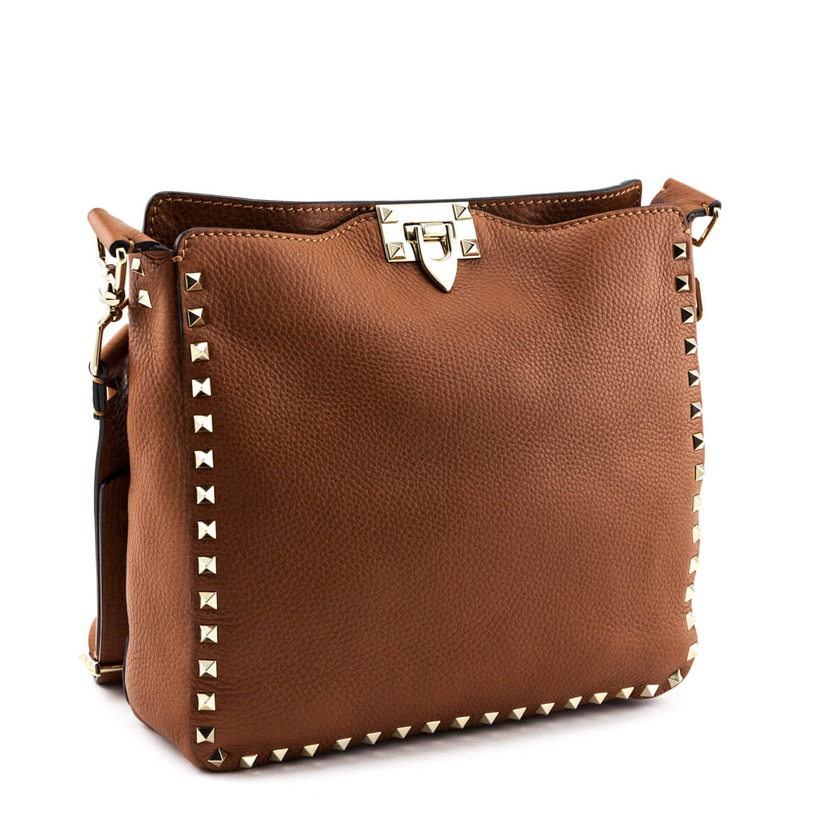 Valentino Tan Pebbled Calfskin Small Rockstud Flip-Lock Messenger Bag - Love that Bag etc - Preowned Authentic Designer Handbags Preloved Fashions