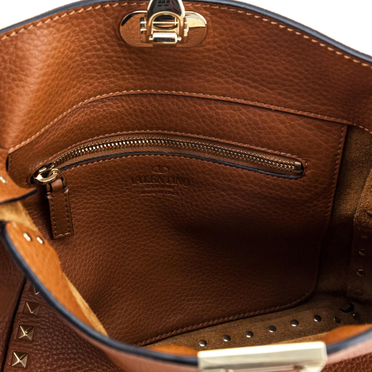 Valentino Tan Pebbled Calfskin Small Rockstud Flip-Lock Messenger Bag - Love that Bag etc - Preowned Authentic Designer Handbags Preloved Fashions