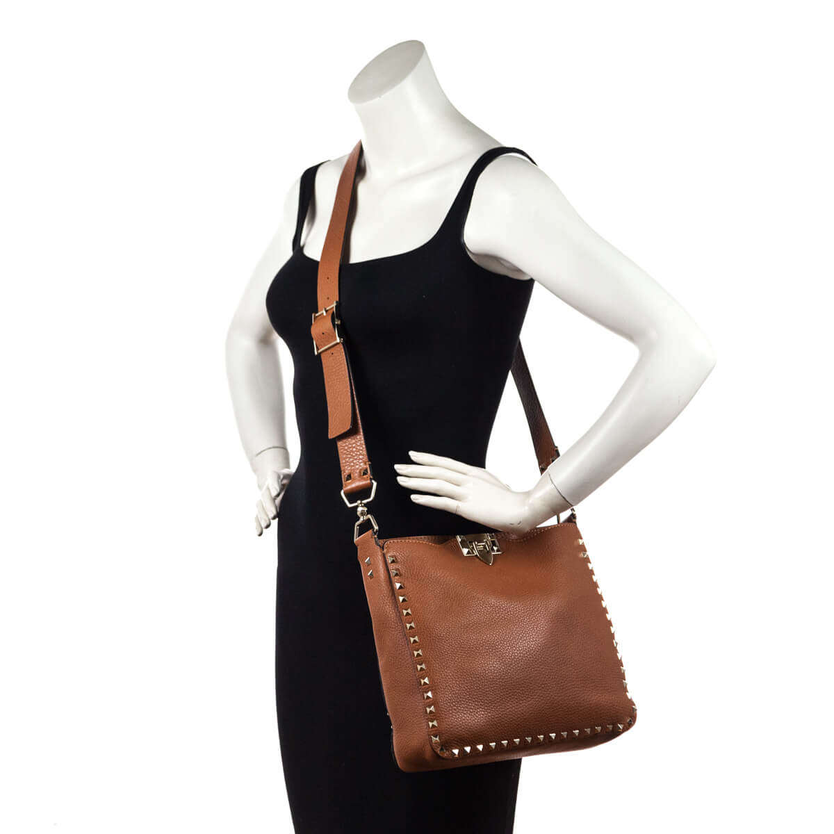 Valentino Tan Pebbled Calfskin Small Rockstud Flip-Lock Messenger Bag - Love that Bag etc - Preowned Authentic Designer Handbags Preloved Fashions